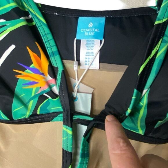 Coastal Blue Women's Sz Med Black Jungle Print Green Mesh One Piece Swimsuit - Picture 3 of 8